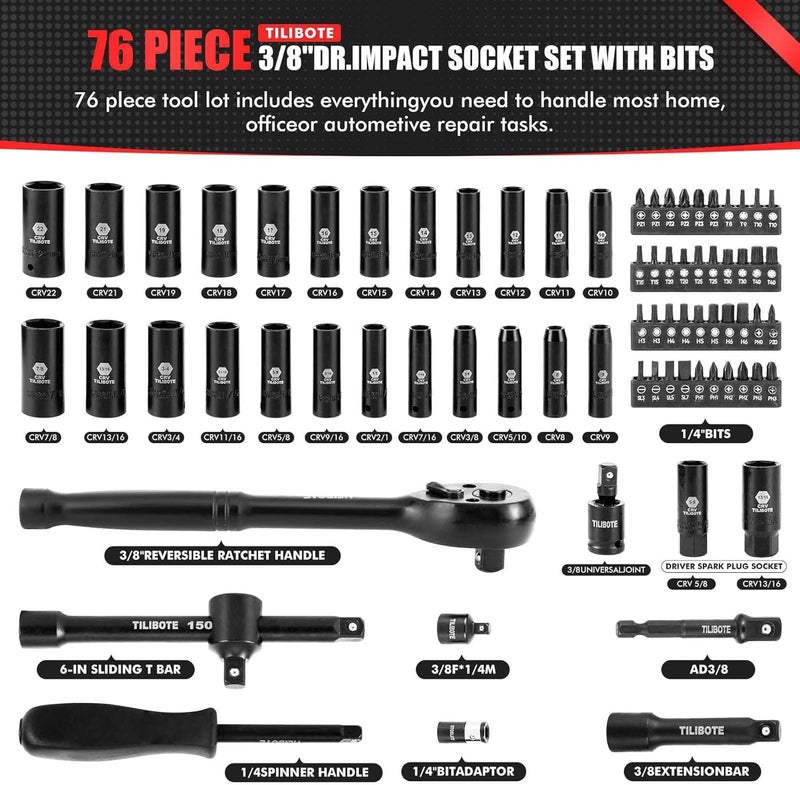 TILIBOTE 3/8“ Impact Socket Set, 74-Piece Drive 6-Point Deep Socket Wrench Set with 72-Tooth Ratchet, Standard SAE 5/16” - 7/8" & Metric 8mm - 22mm, Set for Home Use and Automotive Repair. - Image 2